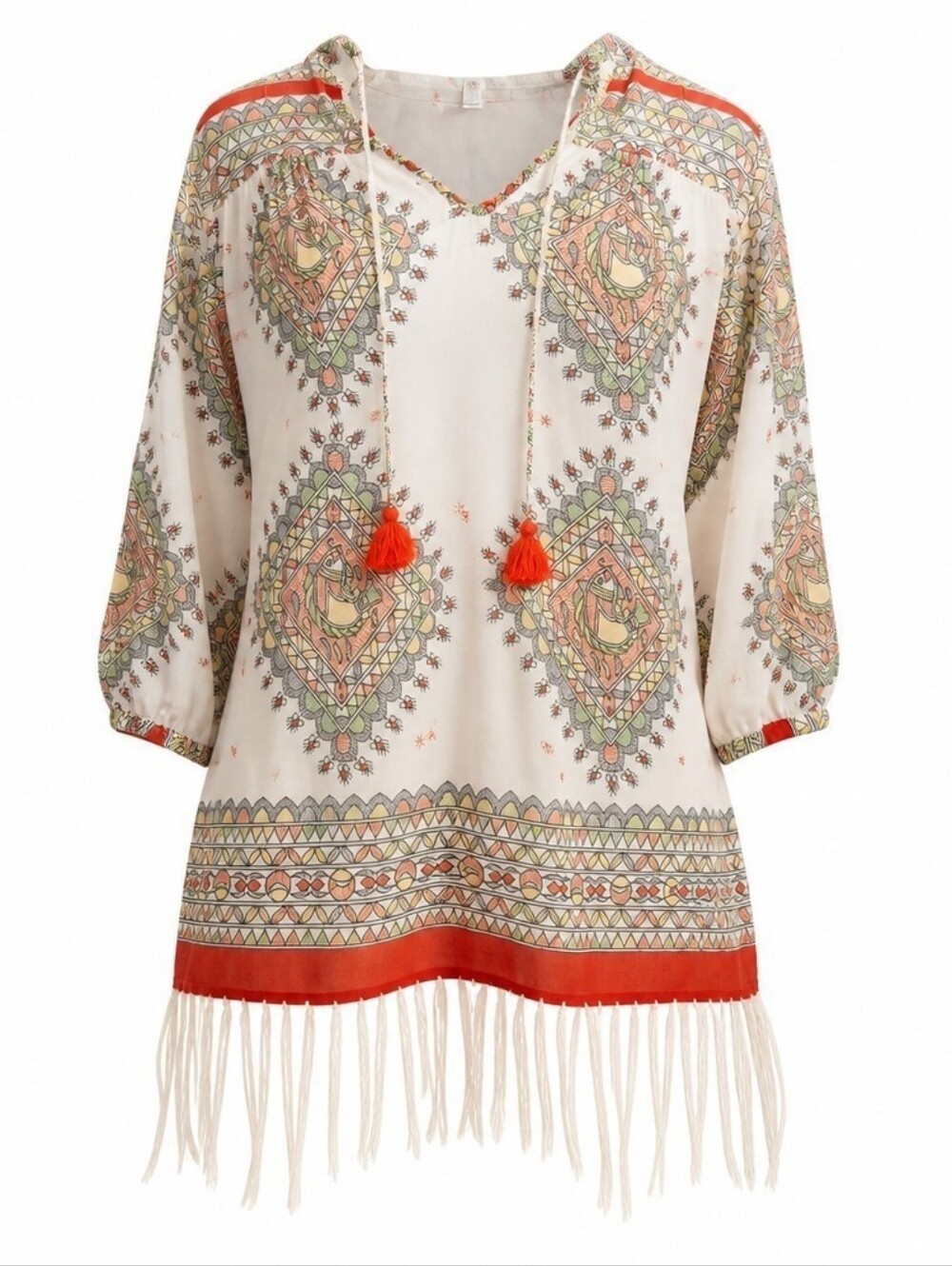 Roberta Roller Rabbit Ivory Swim Cover up Coral Tassels and Fringe Sz Small